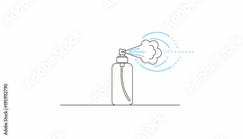 Spray bottle releasing mist, minimalist line art, health and hygiene concept