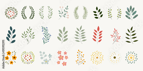 Collection of delicate floral and leafy botanical illustrations in muted tones