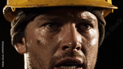 Sweaty Worker Face Under Helmet – Hard Work and Industrial Labor Close-Up
