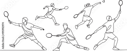 Continuous line drawing of badminton players who are playing. Badminton players sketch. Collection of sportsmen. Badminton player is playing with a racket. One line draw graphic design vector