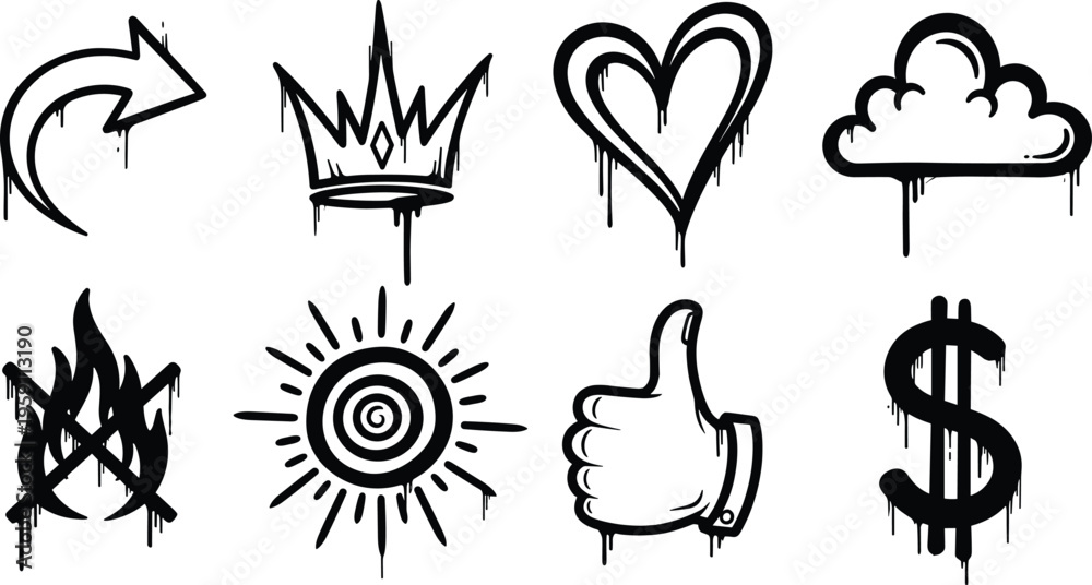 Fototapeta premium Graffiti drip icons set with arrow crown heart cloud fire sun thumbs up dollar street art vector illustration