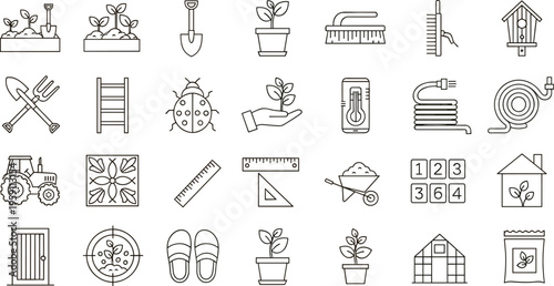 Gardening tools line icons set plants agriculture equipment farming outline vector illustration collection