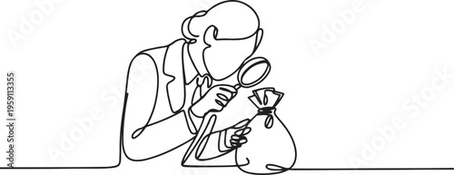 Continuous one line drawing of businesswoman looks down checking money bag with magnifier. Be careful to check and recalculate before making business payments. One line draw graphic design vector