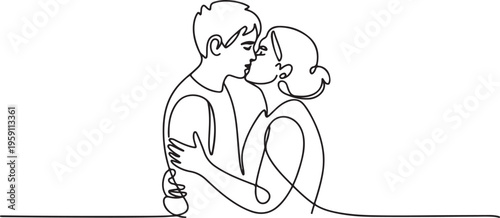 Continuous one line drawing Happy mother gives a kiss to her teenage son. Raising teens concept. One line draw graphic design vector