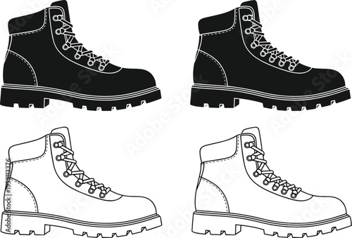 Hiking boots icons set outdoor footwear trekking shoes outline vector illustration collection