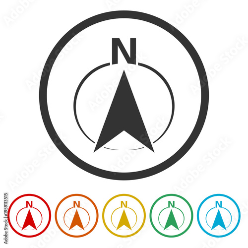 North direction compass icon. Set icons in color circle buttons