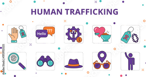 Human trafficking awareness icons set prevention support campaign vectorHuman trafficking awareness icons set prevention support campaign vector