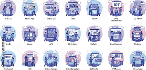 IT professionals job roles icons set with developers designers marketers administrators and tech careers flat vector illustration