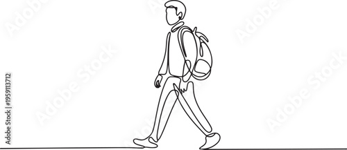 Continuous single one line drawing art of college campus student man with bag backpack. One line draw graphic design vectorb