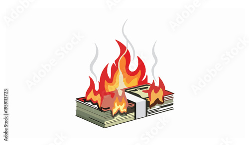 Burning money financial crisis inflation bankruptcy vector illustration