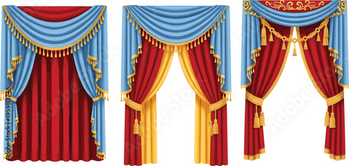 Luxury stage curtains set with red blue and gold drapery theater window decoration elegant fabric illustration collection