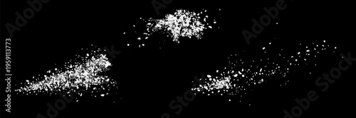 Sugar or salt powder piles set isolated on transparent background. Vector realistic illustration of white dry substance scattered on surface, ground food seasoning,