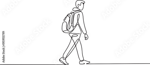Continuous single one line drawing art of college campus student man with bag backpack. One line draw graphic design vectorb