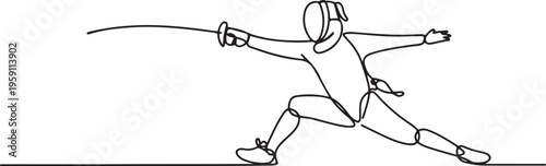 Fencing, hand drawn sport figure drawing with black lines. One line draw graphic design vector