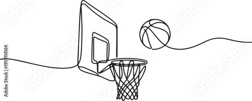 One continuous line drawing of basketball hoop with a ball. Sport, running, ball sports, activity, athlete, game, training, basket, jump, play. One line draw graphic design vector