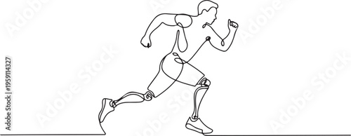 Single continuous line drawing disabled athlete runs on prostheses. Male disability runs. Disabled sportsman with amputated foot. Disabled sport, disability games. One line draw graphic design vector