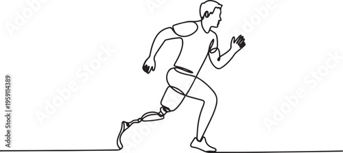 Single continuous line drawing disabled athlete runs on prostheses. Male disability runs. Disabled sportsman with amputated foot. Disabled sport, disability games. One line draw graphic design vector
