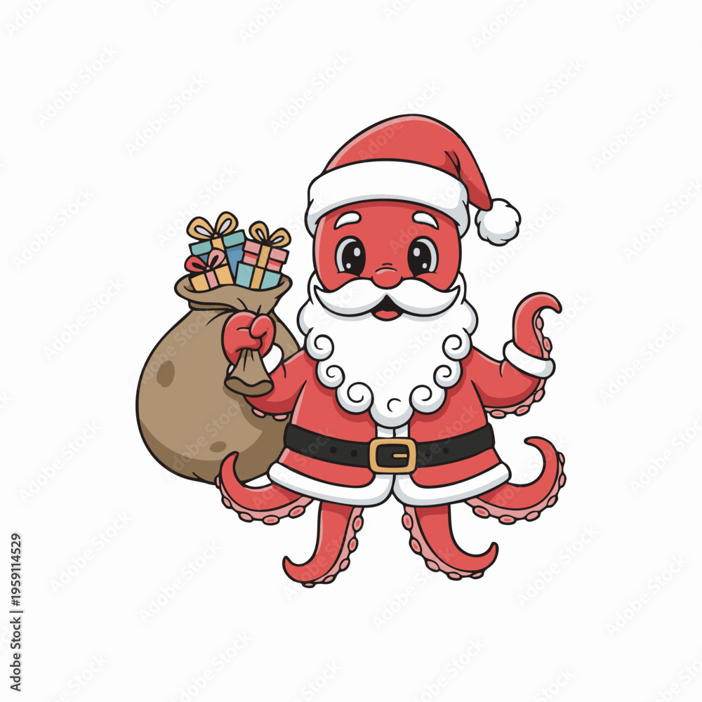 Fototapeta premium cartoon octopus santa claus with gift sack