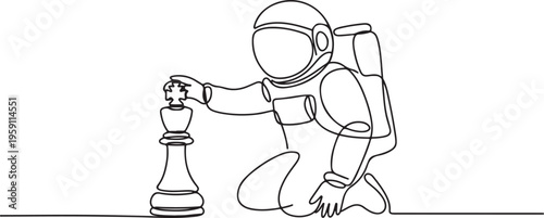 Single one line drawing astronaut holding rook chess piece to beat king chess. Power to rule interplanetary region. Cosmic galaxy space concept. One line draw graphic design vector