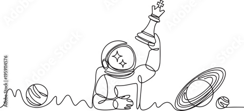 Single one line drawing astronaut holding rook chess piece to beat king chess. Power to rule interplanetary region. Cosmic galaxy space concept. One line draw graphic design vector