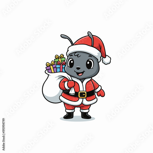 cute cartoon ant santa carrying christmas gifts