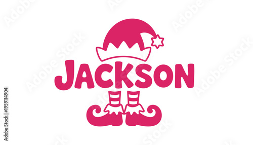 Jackson elf name in pink with Santa hat and boots illustration