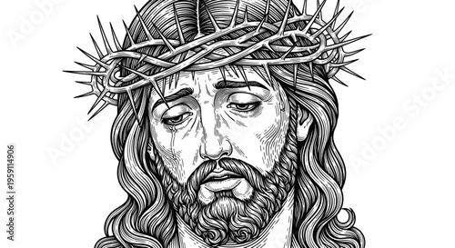 Jesus Christ with Crown of Thorns, Suffering Face, Religious Illustration