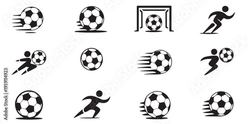 Football player and soccer ball motion icons set for professional sport team identity and branding