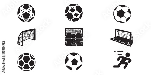 Soccer ball and football goal field icons set isolated on white background for sport game design