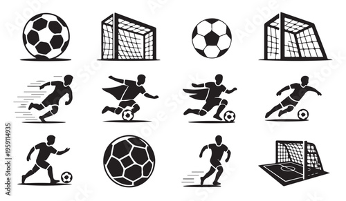 Soccer player silhouettes and football goal icons for sports tournament promotion and web graphics