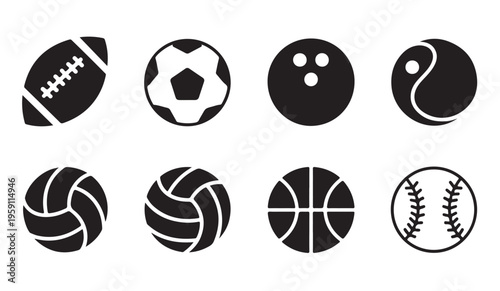 Sports balls collection including football basketball baseball volleyball and bowling icons set