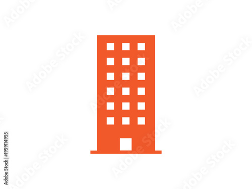 Simple orange graphic icon representing a tall office building with multiple rectangular windows against a white background.