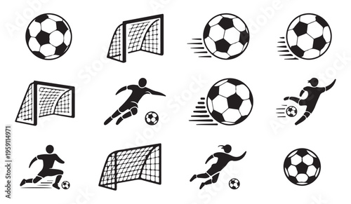 Professional soccer player icons and football goal net set for sports branding and game interface