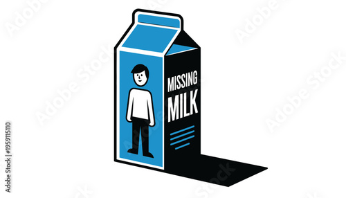 A cartoon milk carton with a missing person illustration on it