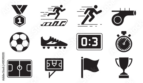 Football tournament vector icons with stadium field view whistle scoreboard and winner trophy cup