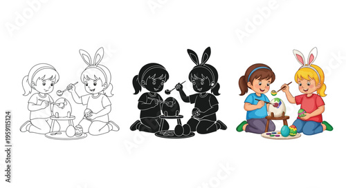 Charming vector illustration featuring two happy girls cheerfully decorating colorful eggs for the festive holiday celebration