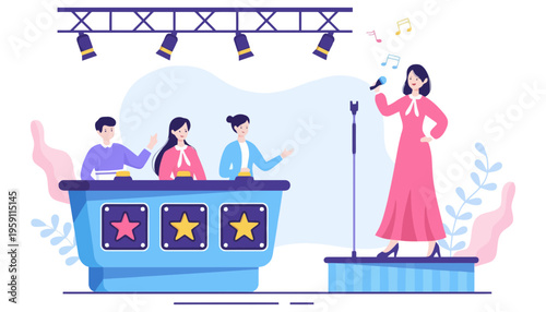A singer performs on stage with a judging panel illustration vector