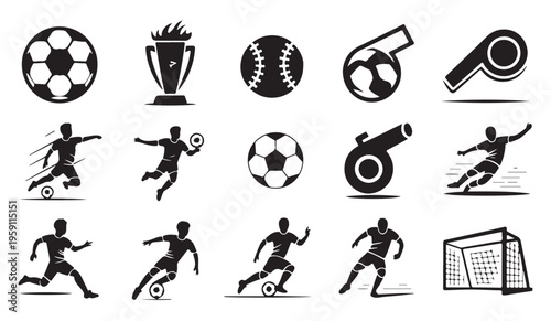 Soccer game player icon set with ball trophy whistle and goal for sport competition