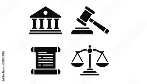 Law icons set including court building, gavel, scales and legal document