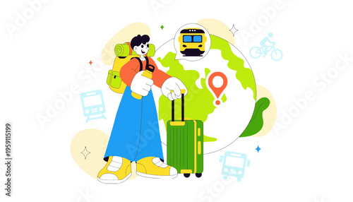 Traveler cartoon illustration with luggage and globe background