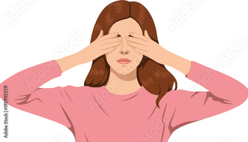 A woman in pink shirt covering her eyes with hands