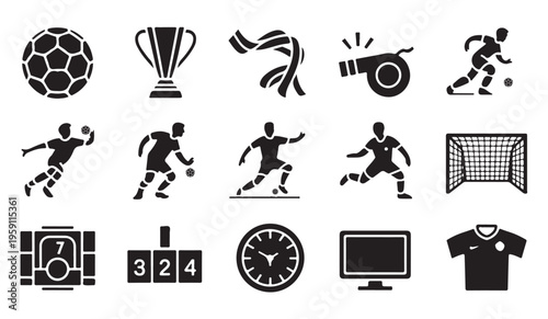 Sports icons set with trophy, whistle, goal net, players, and scoreboard vector