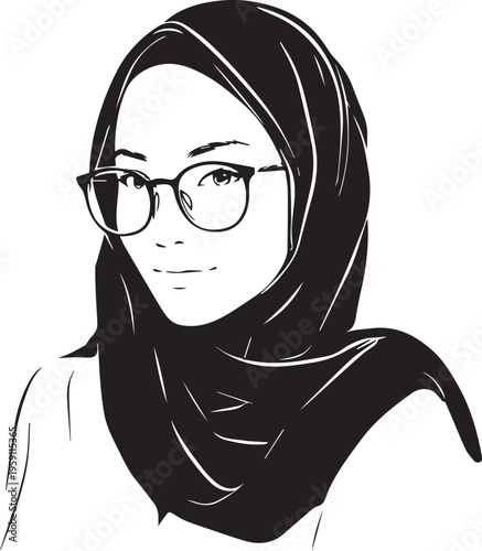 Hand Drawn Woman Wearing Hijab Black and White Avatar Illustration in Minimal Solid Art Style Design
