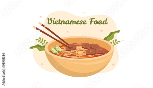 Vietnamese food illustration featuring a bowl of noodles with chopsticks