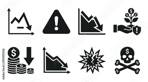 Financial Crisis Vector Illustration – Market Crash, Decline Graphs, Warnings, Coin Loss, Bubble Burst, and Economic Danger Icons in Black Silhouette for Risk and Finance Projects