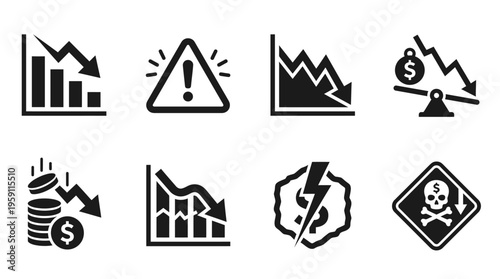 Financial Crisis Vector Illustration – Market Crash, Decline Graphs, Warnings, Coin Loss, Bubble Burst, and Economic Danger Icons in Black Silhouette for Risk and Finance Projects