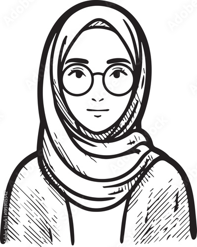Hand Drawn Woman Wearing Hijab Black and White Avatar Illustration in Minimal Solid Art Style Design