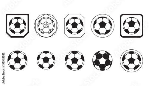 Soccer ball icon set with different shapes and symbols for sports branding and competition design