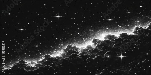 Abstract a dramatic night sky with a cloudscape, stars and a ethereal glow, this stunning black and white image creates a sense of wonder and cosmic beauty.