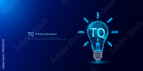 TQ Thinking Quotient symbol in light bulb style polygon glowing blue on a dark background. Emotional intelligence balance of child brain. Leadership development growth concept. Vector.